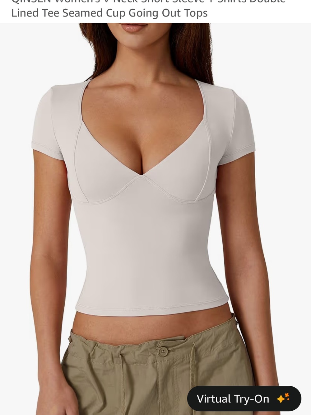 V-Neck Short Sleeve Crop Top in Light Beige